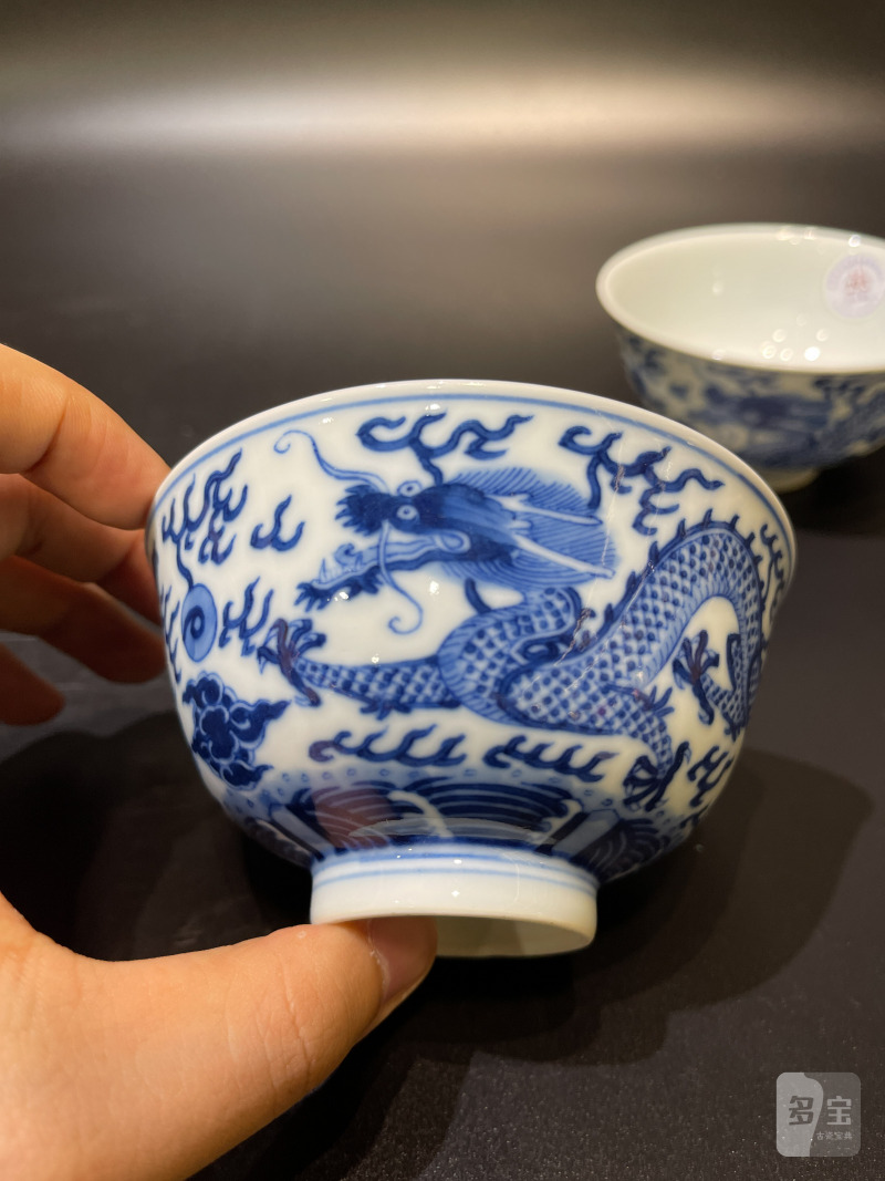 清同治 青花云龙纹茶圆一对 - 图5
